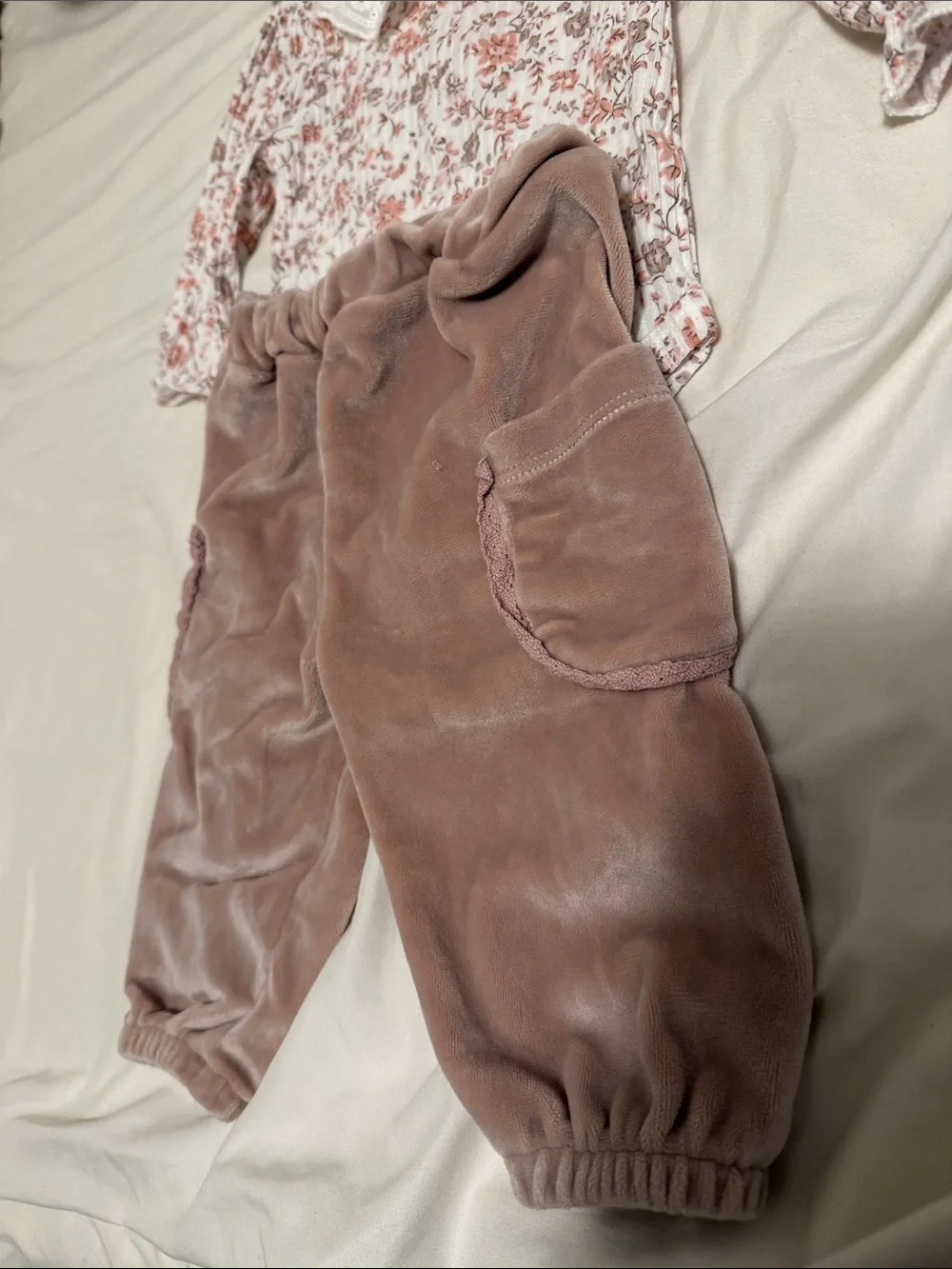 Nicole Miller Girls Floral Top, Mauve Velvet Pants & Bow Headband